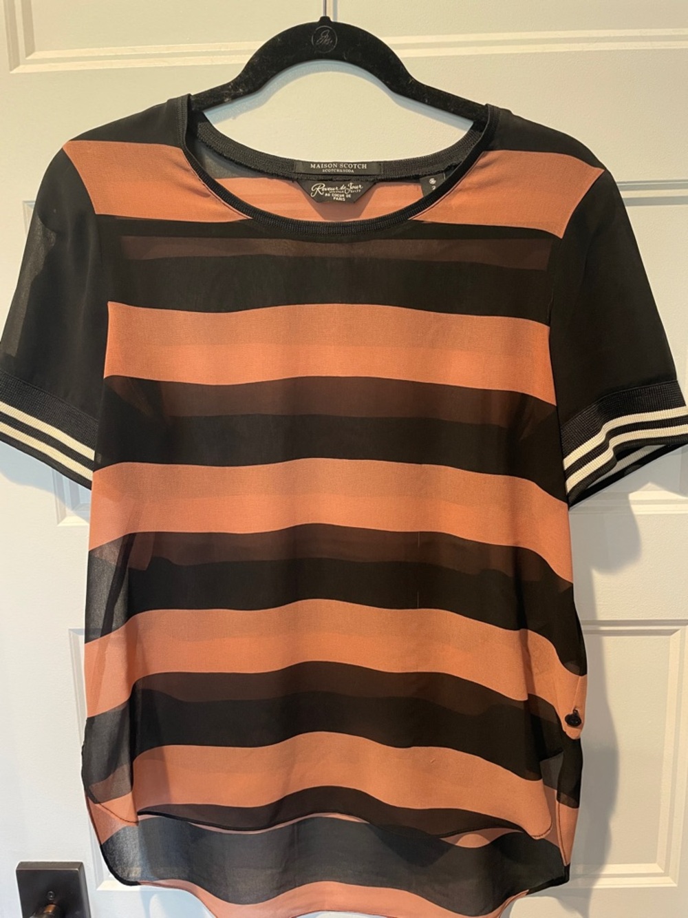 Scotch & Soda Black and Orange Sheer Striped Short Sleeve Top